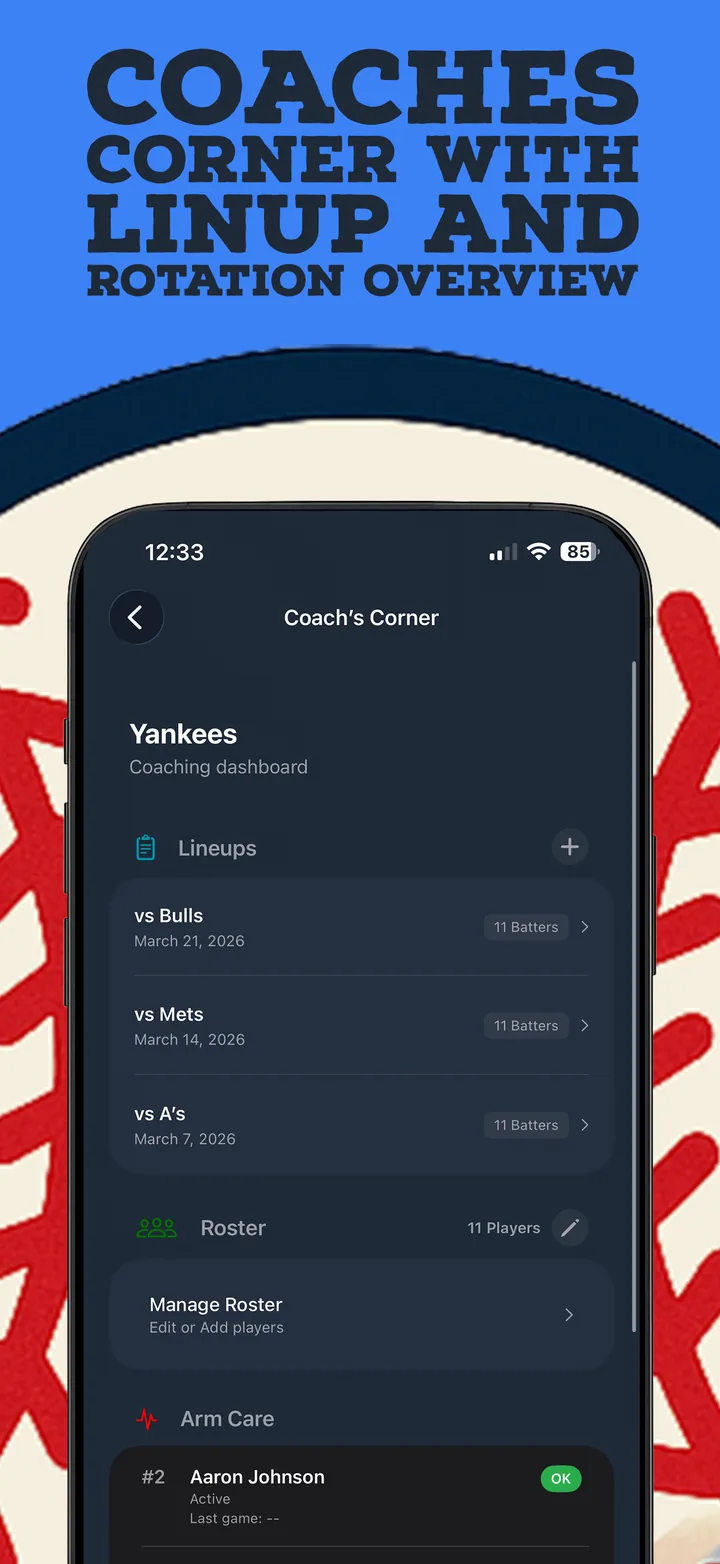 Pitch Tracker screen showing coaches corner